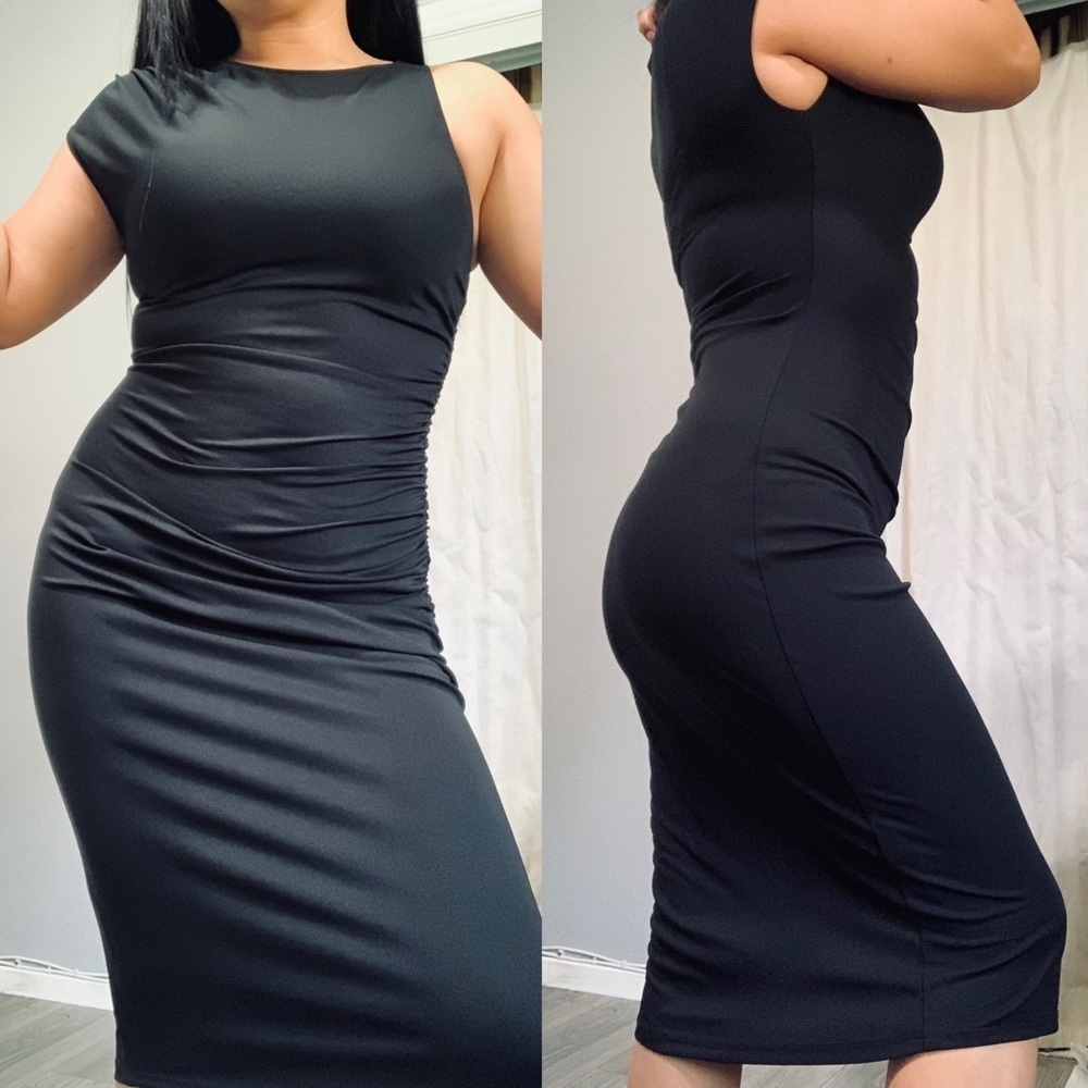ZARA New Women Black Casual Party Asymmetric Draped Midi Dress Size M